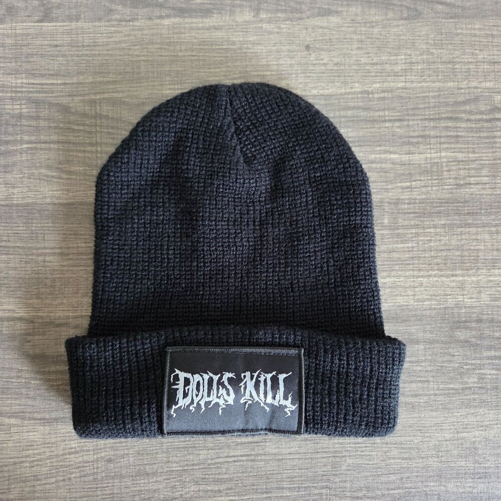 Dolls Kill Logo Patch Knit Beanie Hat Black Adult One Size Goth Grunge Punk Emo